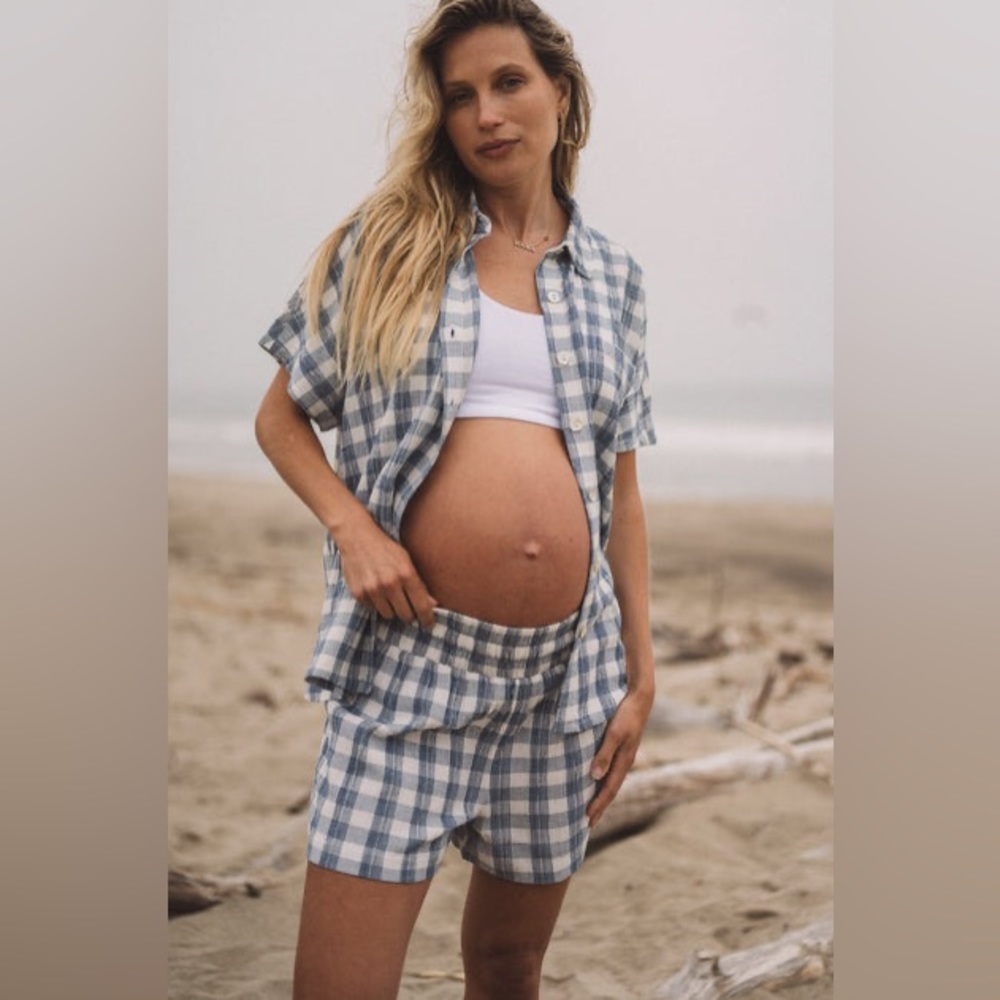 Hatch Maternity Crinkle Plaid Shirt and Shorts Set (Shorts are Free!)